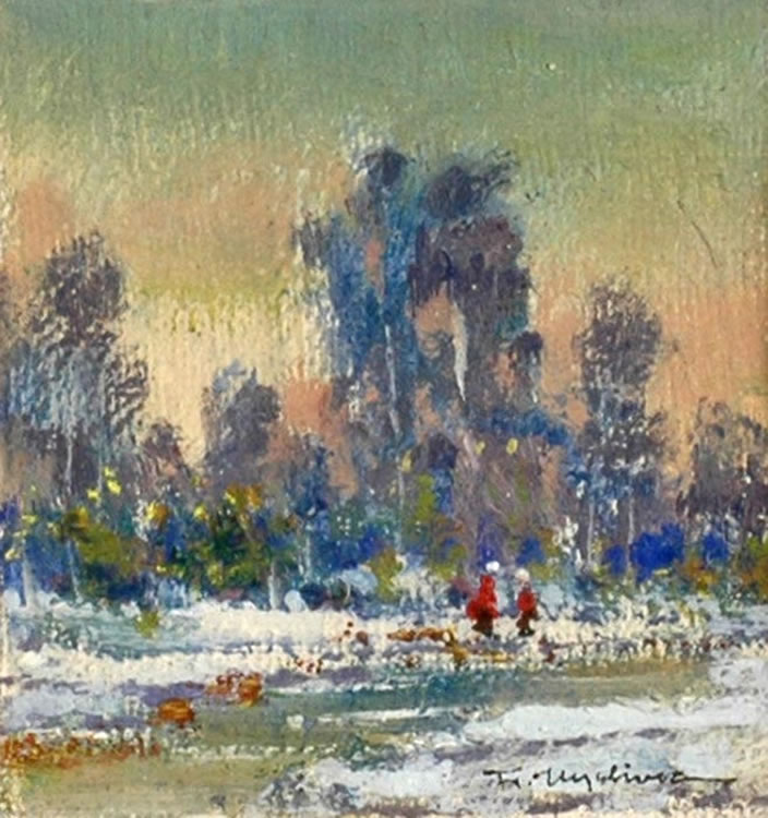 Landscape with two figures, Frantisek Myslivec, oil on canvas, 3 x 3"